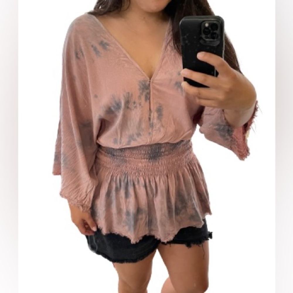Blue Life Tie Dye V Neck Flare Sleeve Raw Edge Tunic Pink (XSmall)